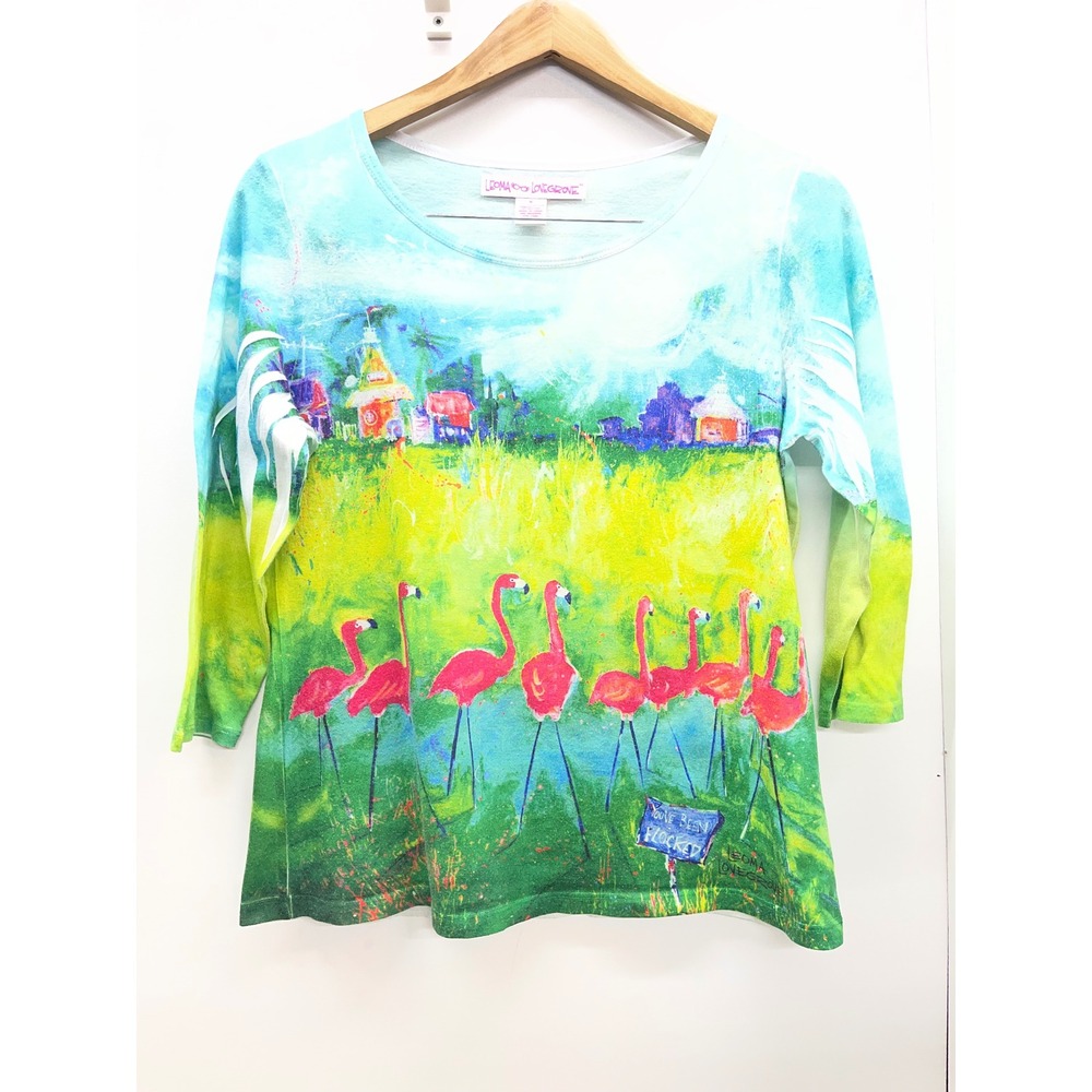 Leoma Lovegrove Flamingo Art Print Top 3/4 Sleeve Shredded Detail Medium